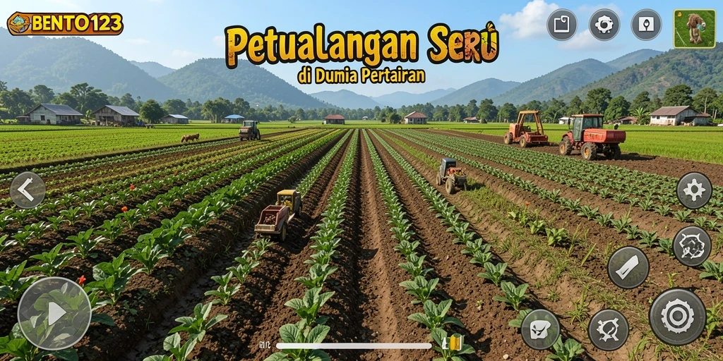 Screenshot BENTO123 menunjukkan pemain mengelola ladang dengan berbagai tanaman.