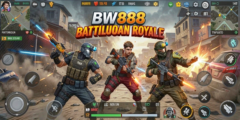 Tampilan gameplay seru di BW888 saat bertarung dalam arena Battle Royale.