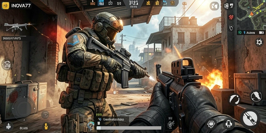 Tangkapan layar gameplay intens dengan aksi tembak-menembak yang dinamis.